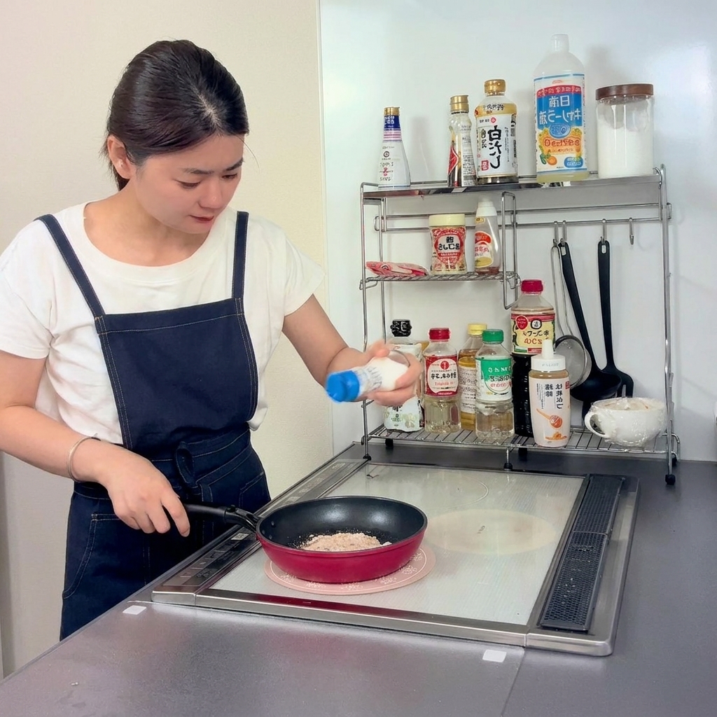 Eine Hand hält einen Salzstreuer und bestreut ein Stück Hähnchen, das in einer Pfanne brät, mit Salz.