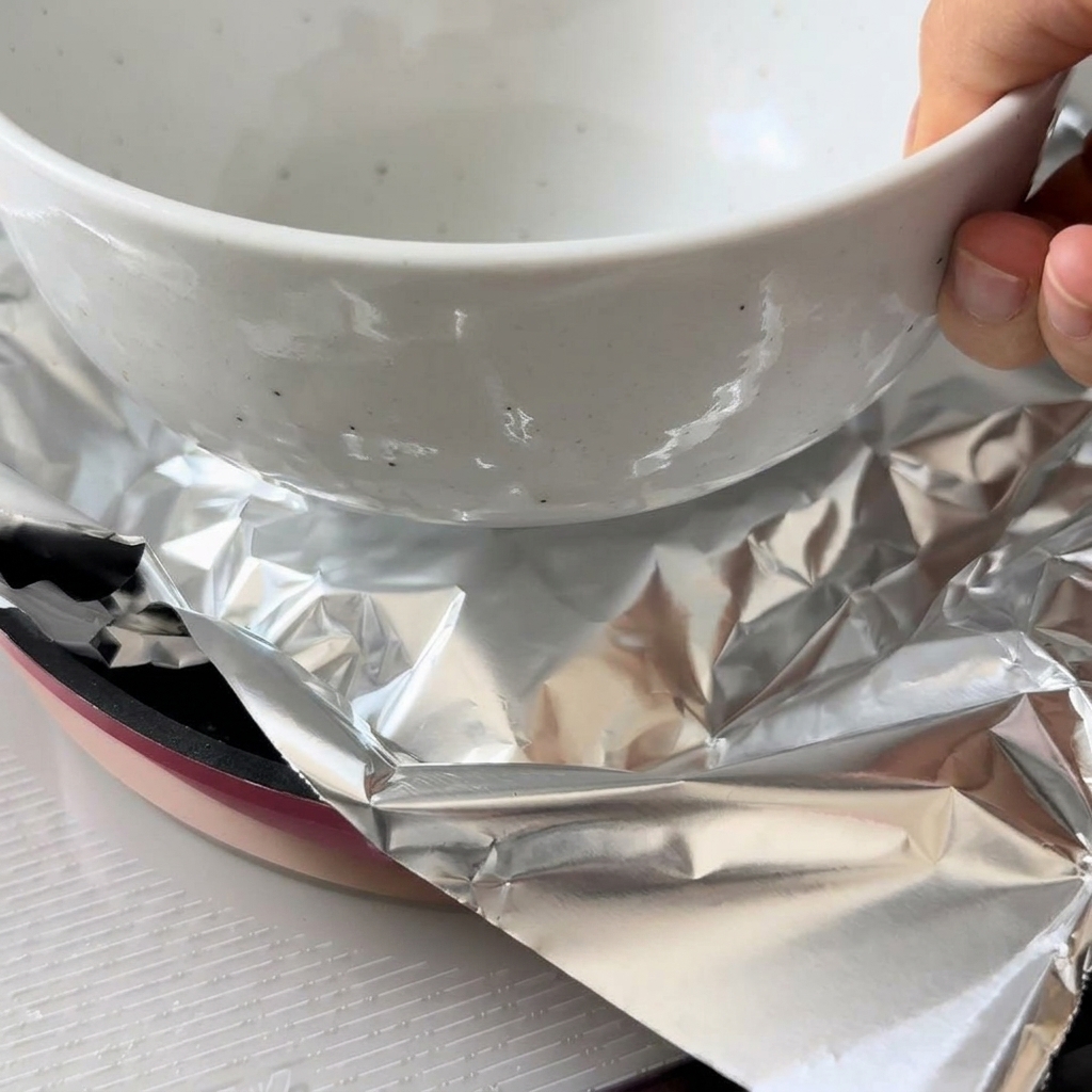 Ein Stück Hähnchen in einer Pfanne, bedeckt mit Alufolie und beschwert durch eine schwere weiße Schüssel.