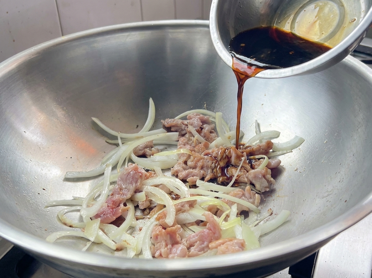 Dunkle Sauce wird in einen Wok zu angebratenem Schweinefleisch und Zwiebeln gegossen.