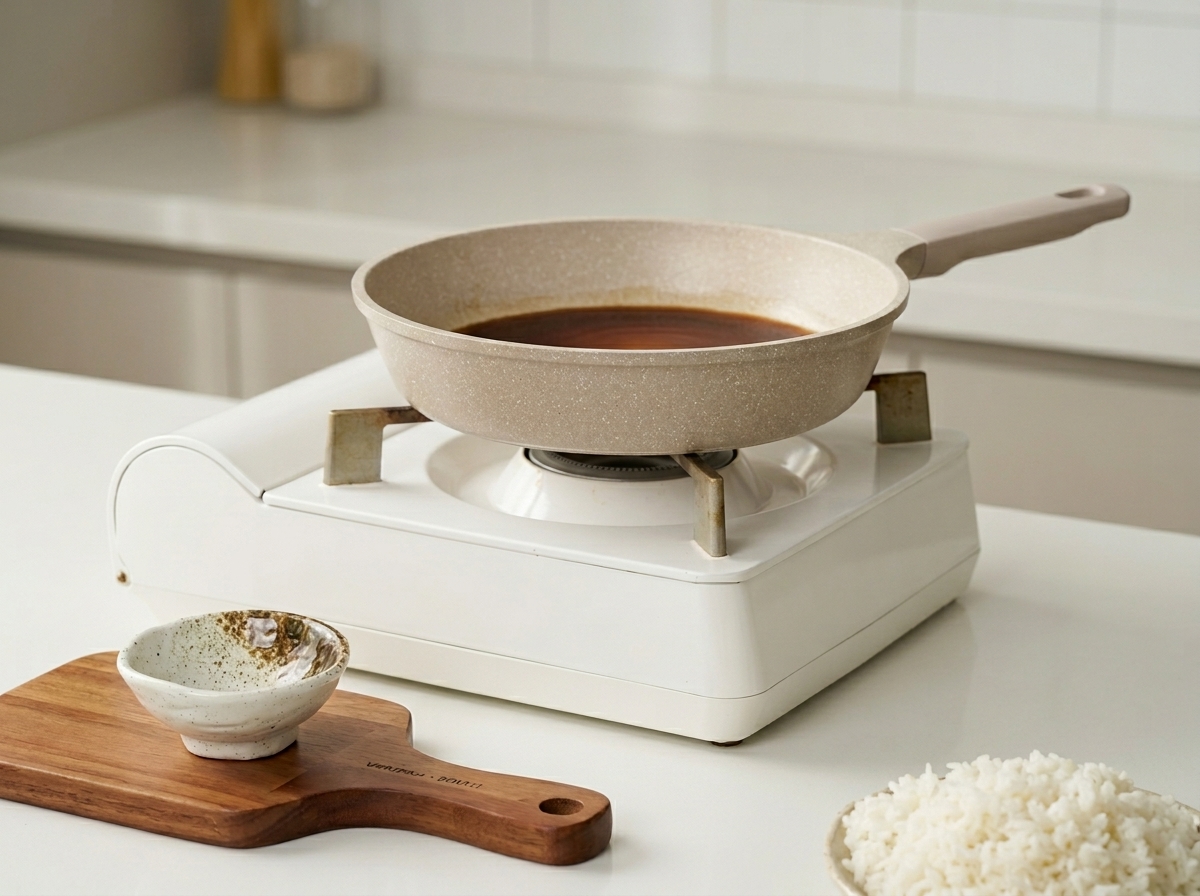 Teriyaki-Sauce wird in eine saubere beschichtete Pfanne gegossen.