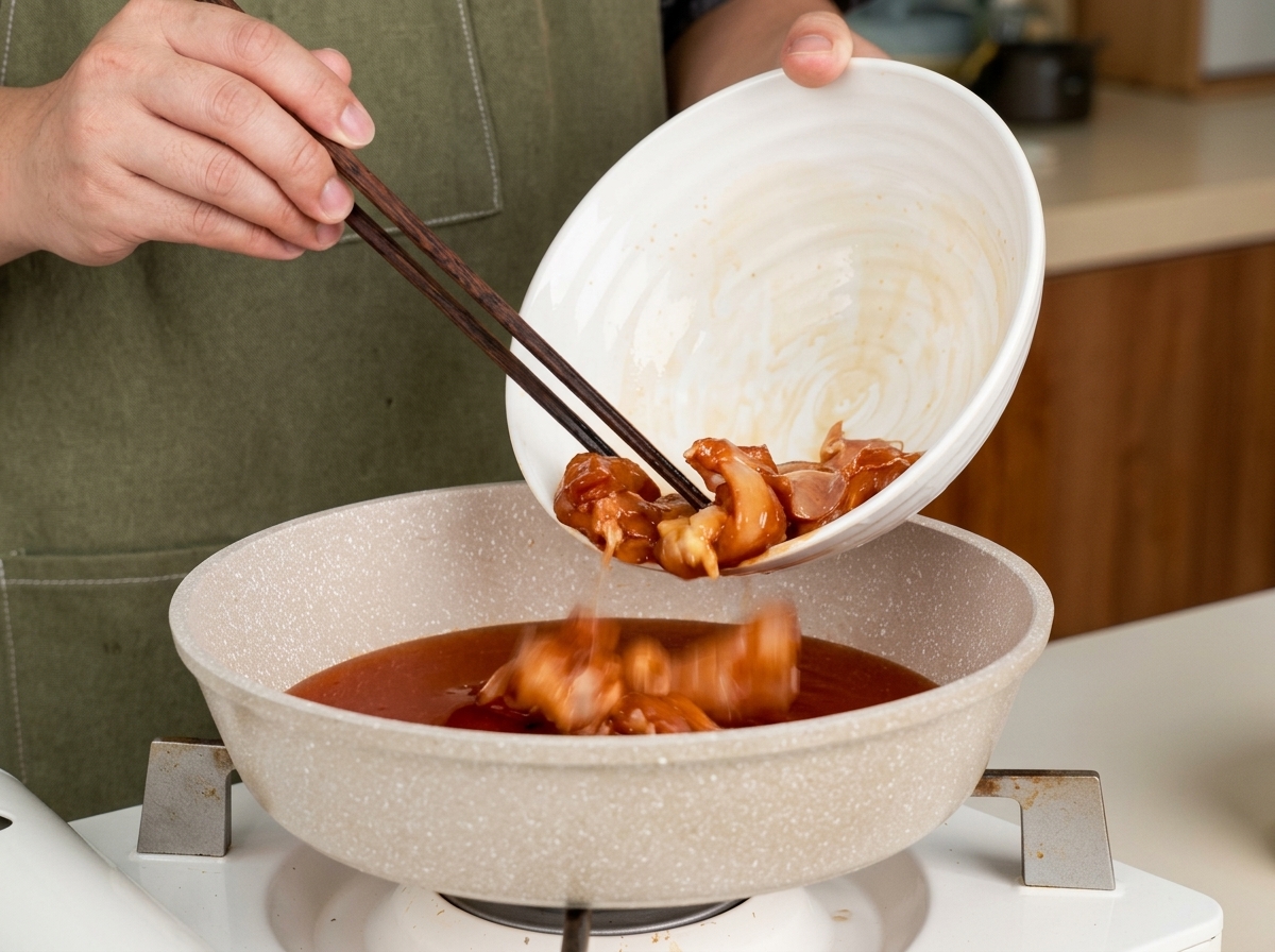 Hähnchenstücke werden mit Essstäbchen in eine Pfanne mit Teriyaki-Sauce gegeben.