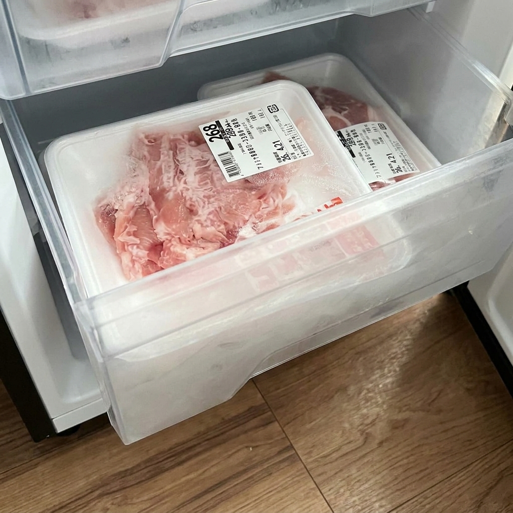 Eine Packung rohes Hähnchen in einer Plastikschale in der Mikrowelle.