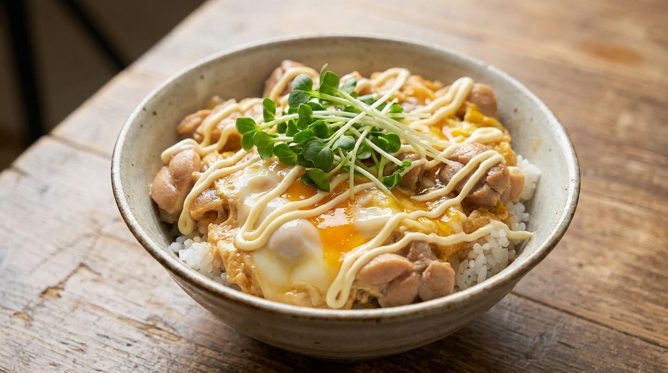 Klassisches japanisches Oyakodon (Hähnchen-Ei-Reisschale)