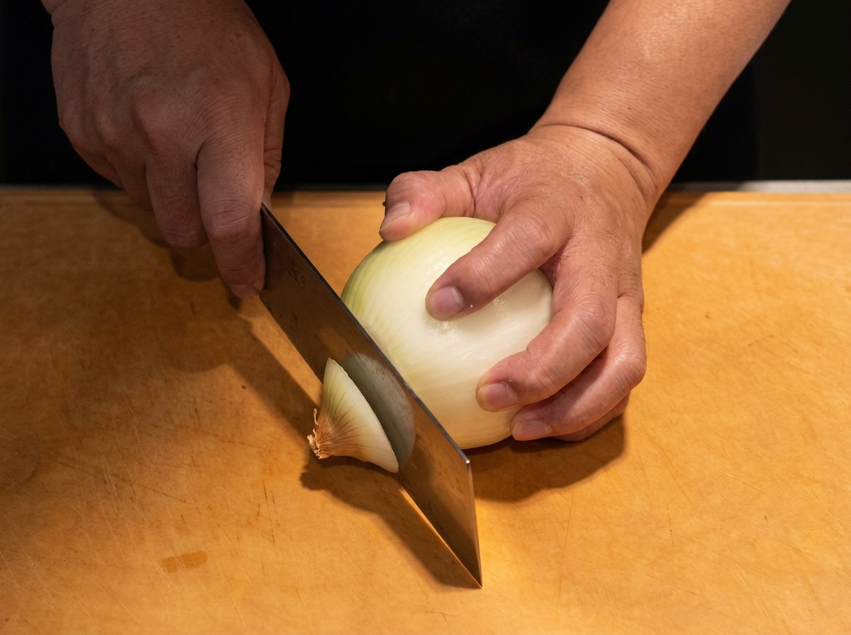 Eine Zwiebel wird auf einem Holzbrett mit einem Kochmesser längs in Scheiben geschnitten.
