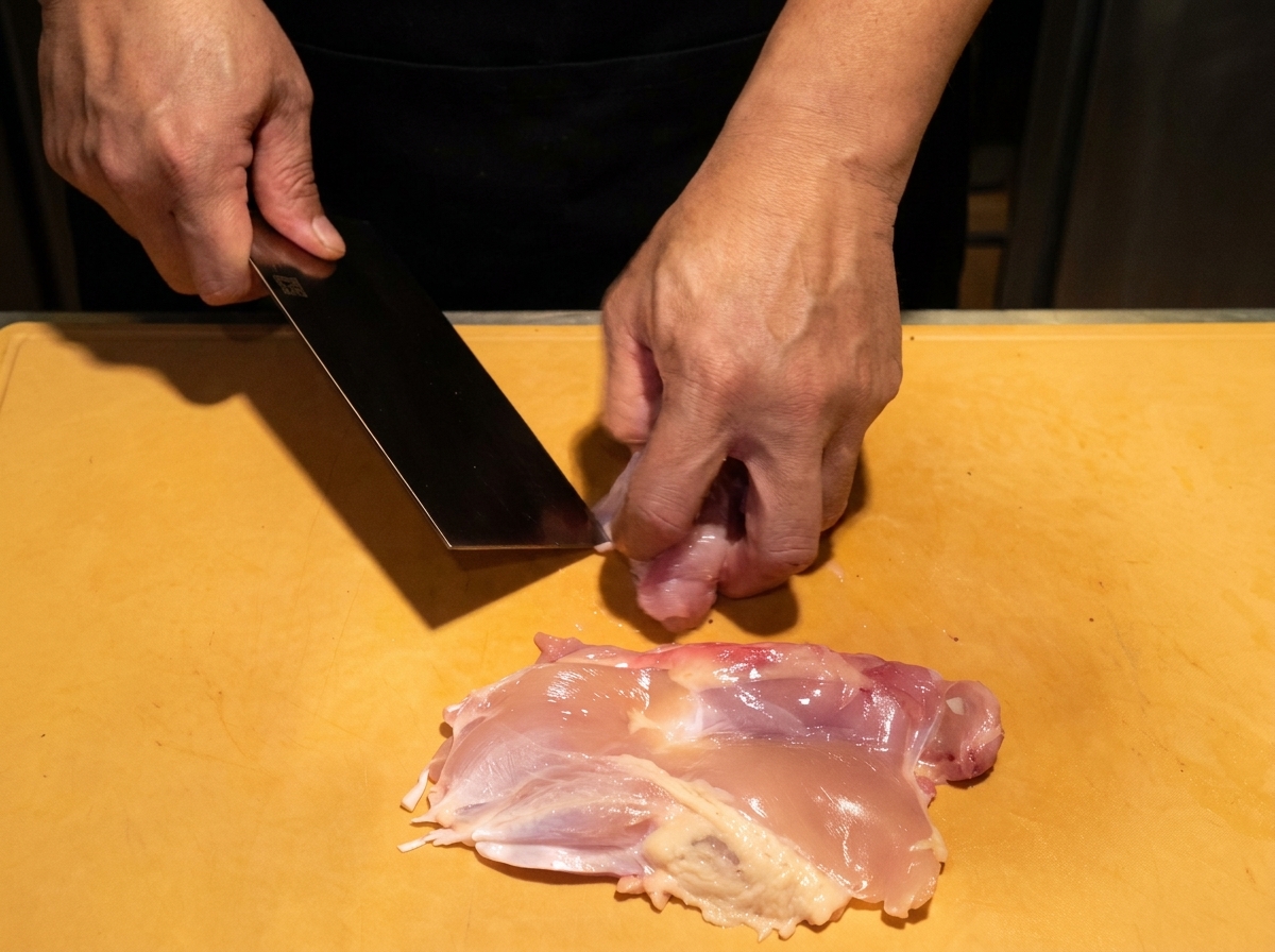 Rohes, helles Hähnchenschenkelfleisch wird auf einem Holzbrett in gleichmäßige, mundgerechte Stücke geschnitten.