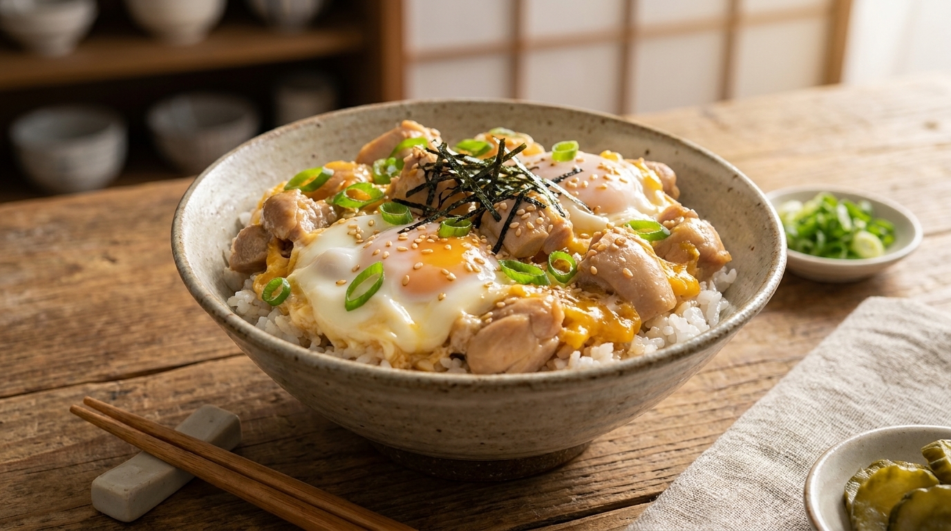 Klassisches japanisches Oyakodon (Hähnchen-Ei-Bowl)