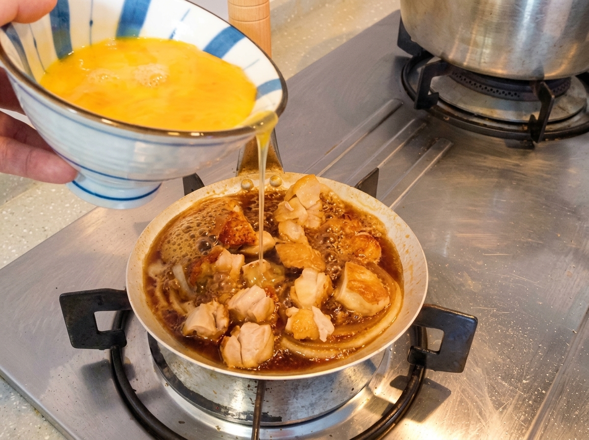 Eine leicht verquirlte Eiermischung wird über das Hähnchen und die Zwiebeln in der Pfanne gegossen.