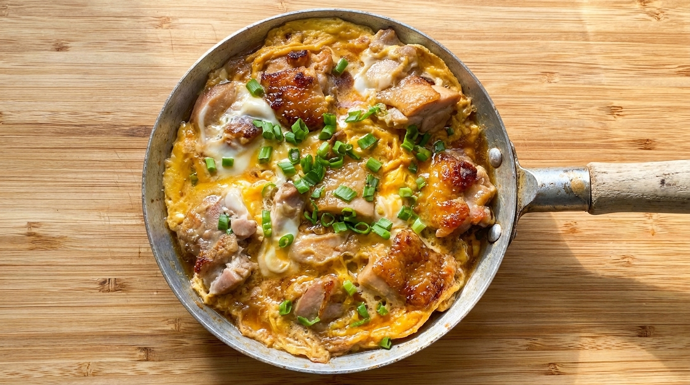 Eine rustikale Pfanne mit goldgelben, weichen Eiern und knusprig gebratenem Hähnchen, garniert mit frischen Frühlingszwiebeln.