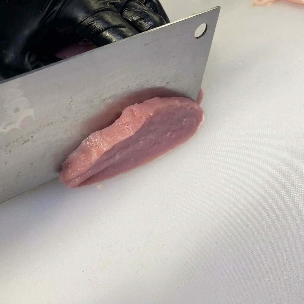 Eine behandschuhte Hand führt mit einem Fleischbeil Teilschnitte in ein frisches Schweinefilet auf einem weißen Schneidebrett aus.