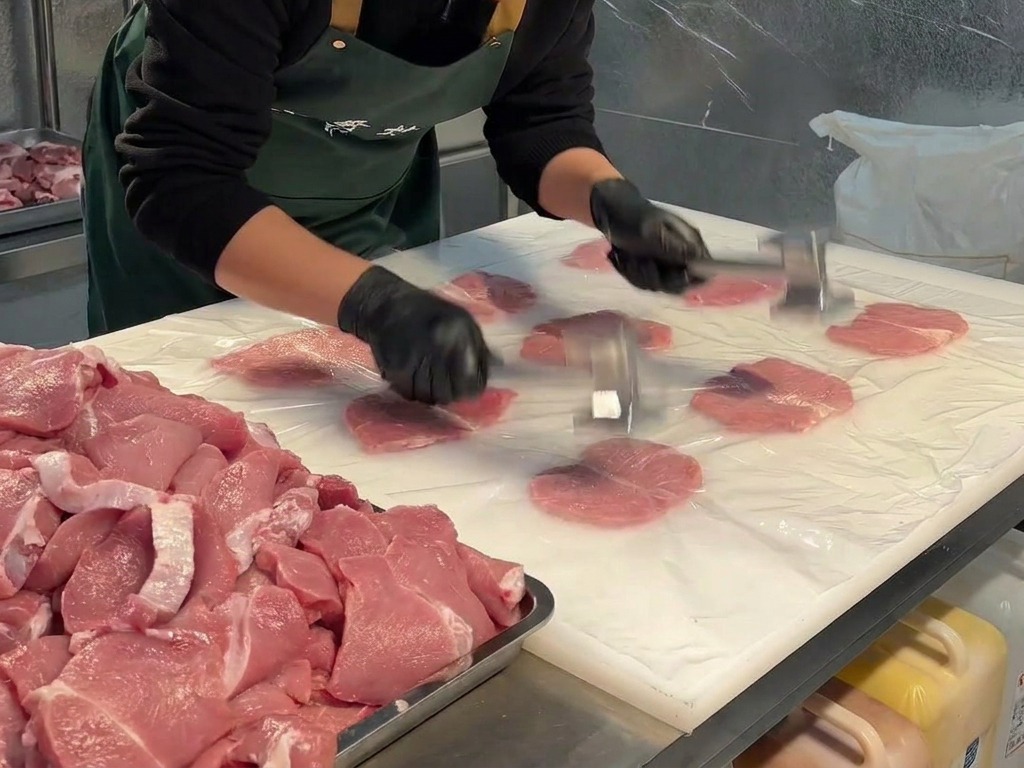 Eine Person klopft mit einem Fleischklopfer aus Metall Schweinefleischstücke unter einer Frischhaltefolie flach.