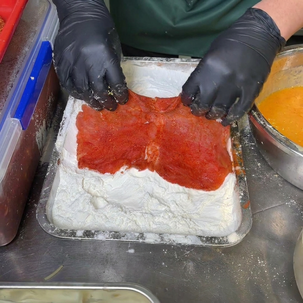 Behandschuhte Hände drücken ein mariniertes Stück Schweinefleisch in einen Teller mit weißer Stärke.