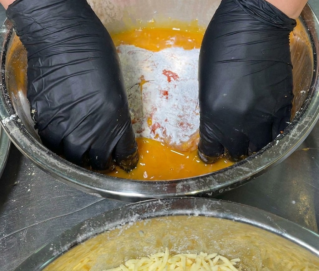 Behandschuhte Hände legen ein mit Stärke überzogenes Kotelett in eine Schüssel mit verquirltem Ei.