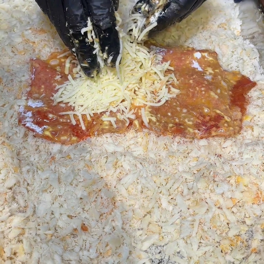 Ein flaches Stück mariniertes Fleisch liegt bereit, während eine Hand großzügig geriebenen Käse darauf verteilt.