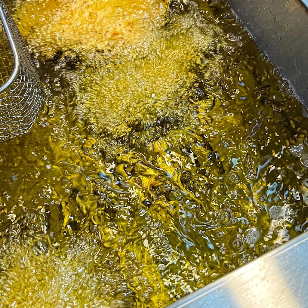 Frittierte Koteletts schwimmen in heißem Fett und sprudeln leicht.