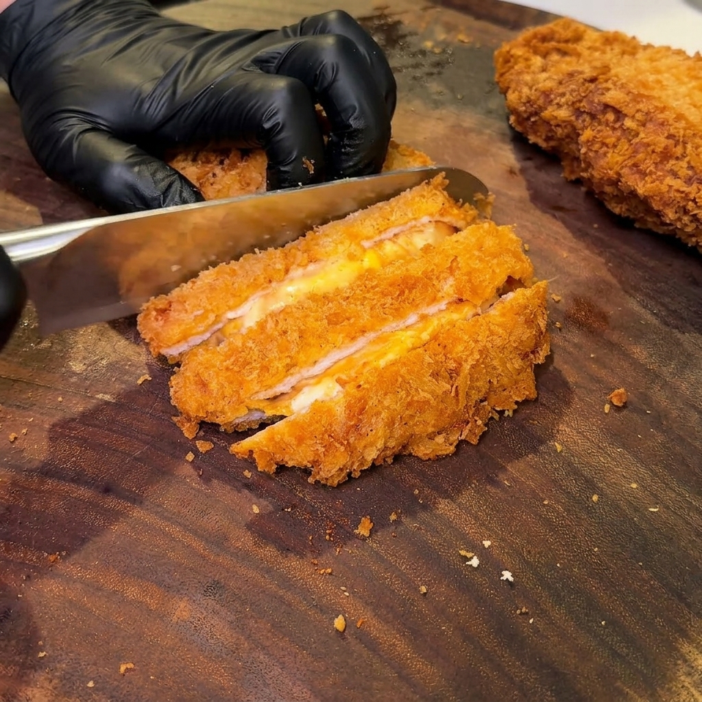 Ein frittiertes Kotelett wird auf einem dunklen Holzbrett in Streifen geschnitten, wobei der geschmolzene Käse in der Mitte sichtbar wird.