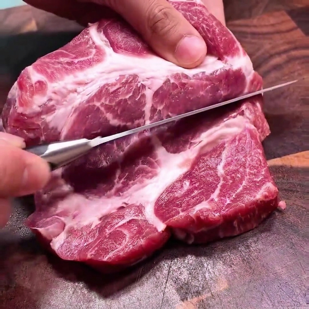Hände halten ein dickes, rohes Schweinekotelett und schneiden es horizontal mit einem Küchenmesser in der Mitte durch.