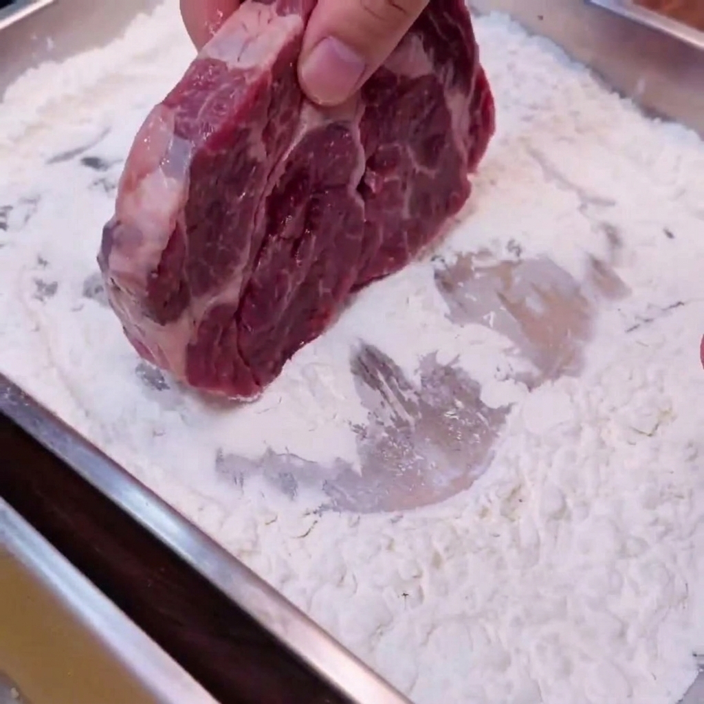 Eine Hand drückt ein Stück rohes Fleisch in ein Metalltablett voller weißer Stärke.