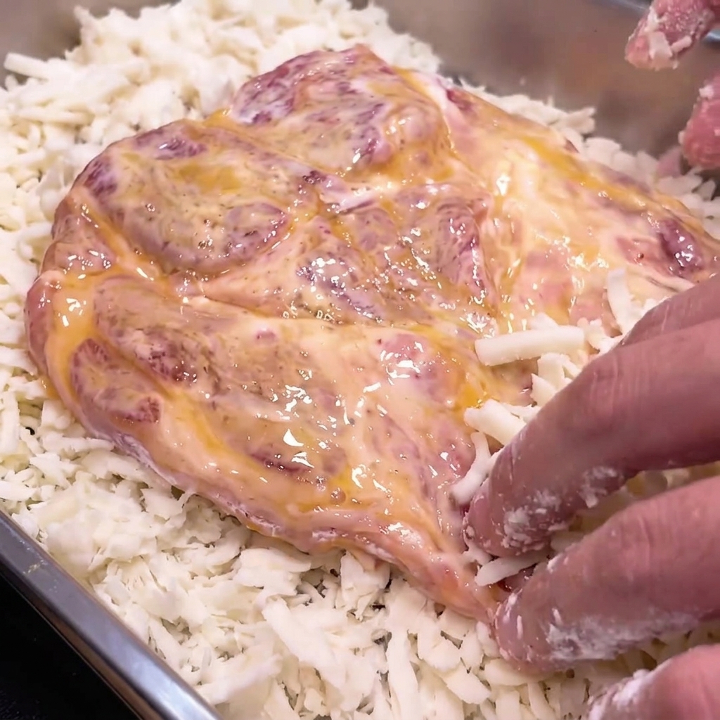 Finger drücken fest ein Stück mit Ei bestrichenes Schweinekotelett in ein Tablett mit grobem, weißem Paniermehl.