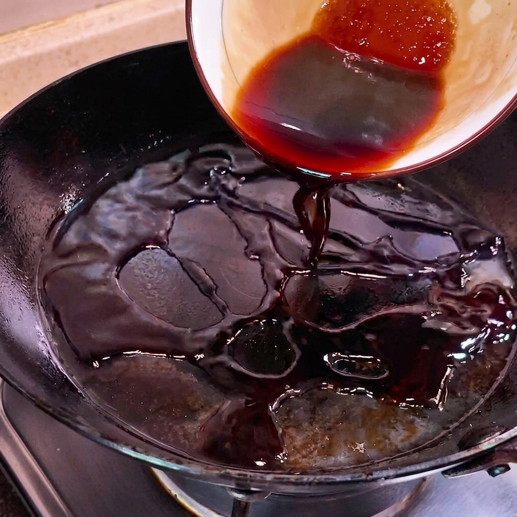 Eine dunkle, herzhafte Sauce wird in eine Pfanne mit glasig gedünsteten weißen Zwiebeln gegossen.