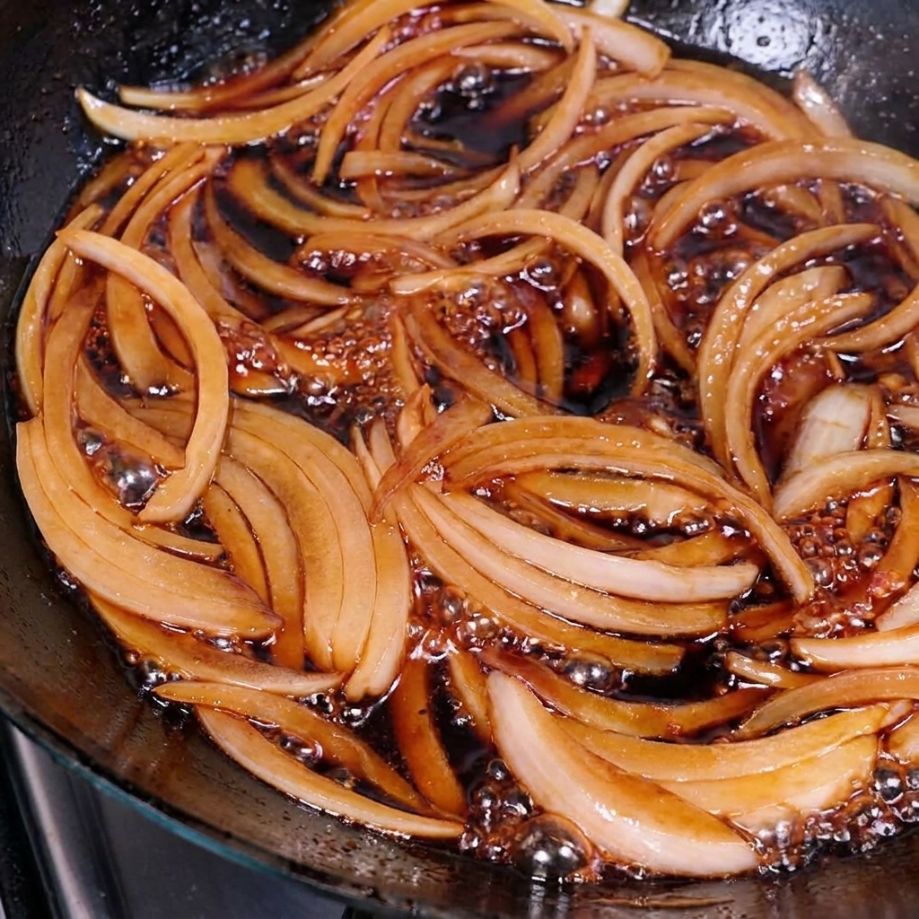 Geschnittene goldbraune Schweinekotelettstücke sind ordentlich über sautierten Zwiebeln in einer dunklen Sauce in einer Pfanne angeordnet.