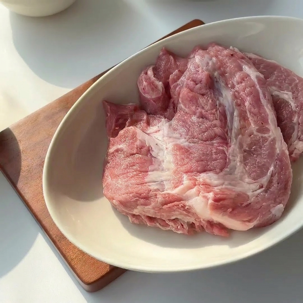 Ein rohes Schweinekotelett in einer weißen Schüssel, überzogen mit flüssiger Marinade und Speisestärke.
