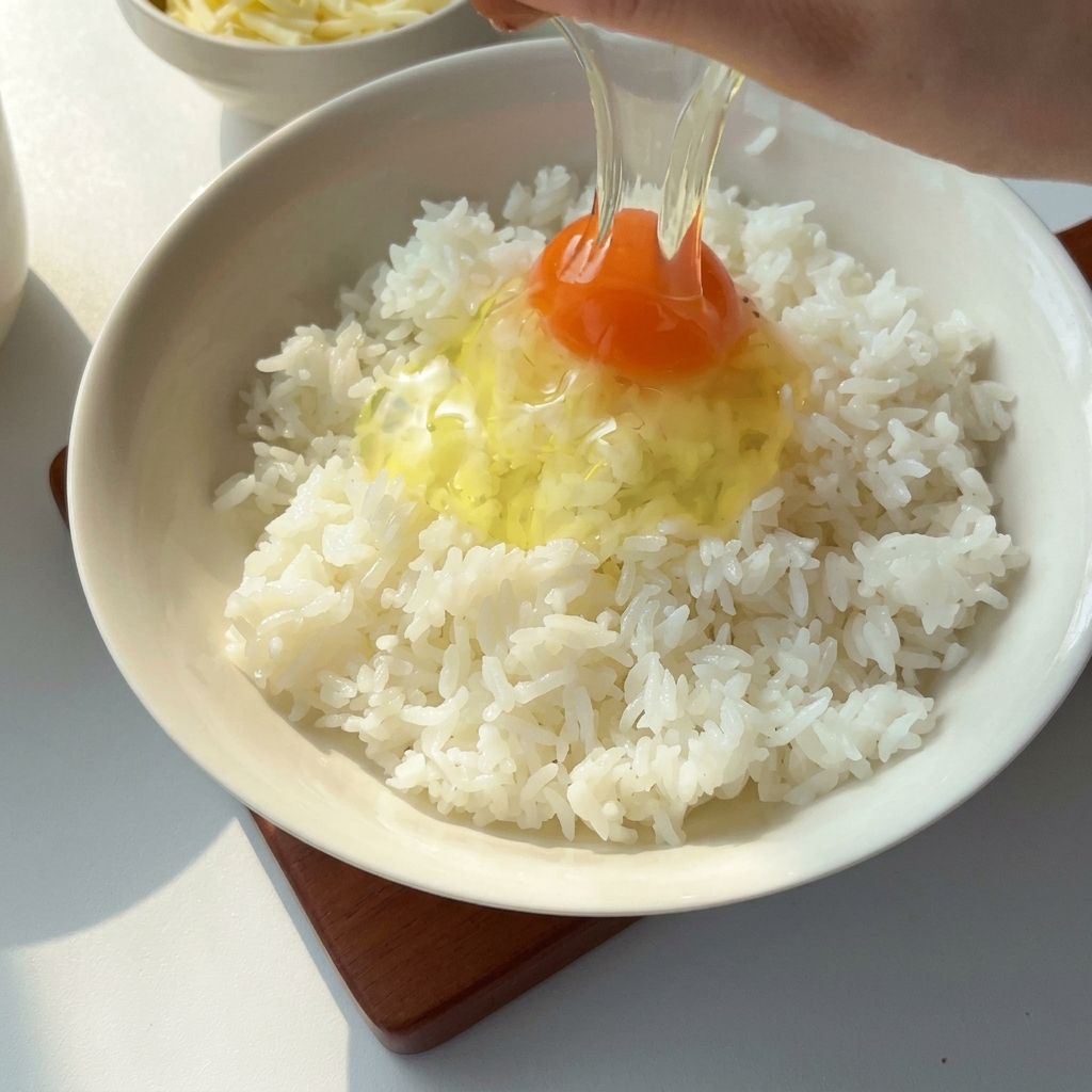 Ein rohes Ei wird über eine Schüssel mit gekochtem weißen Reis gegossen.
