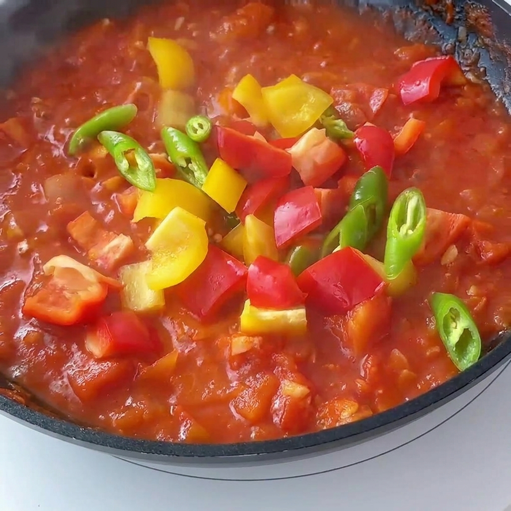 Bunte, gewürfelte Paprika in einer köchelnden Tomatensoße in der Pfanne.