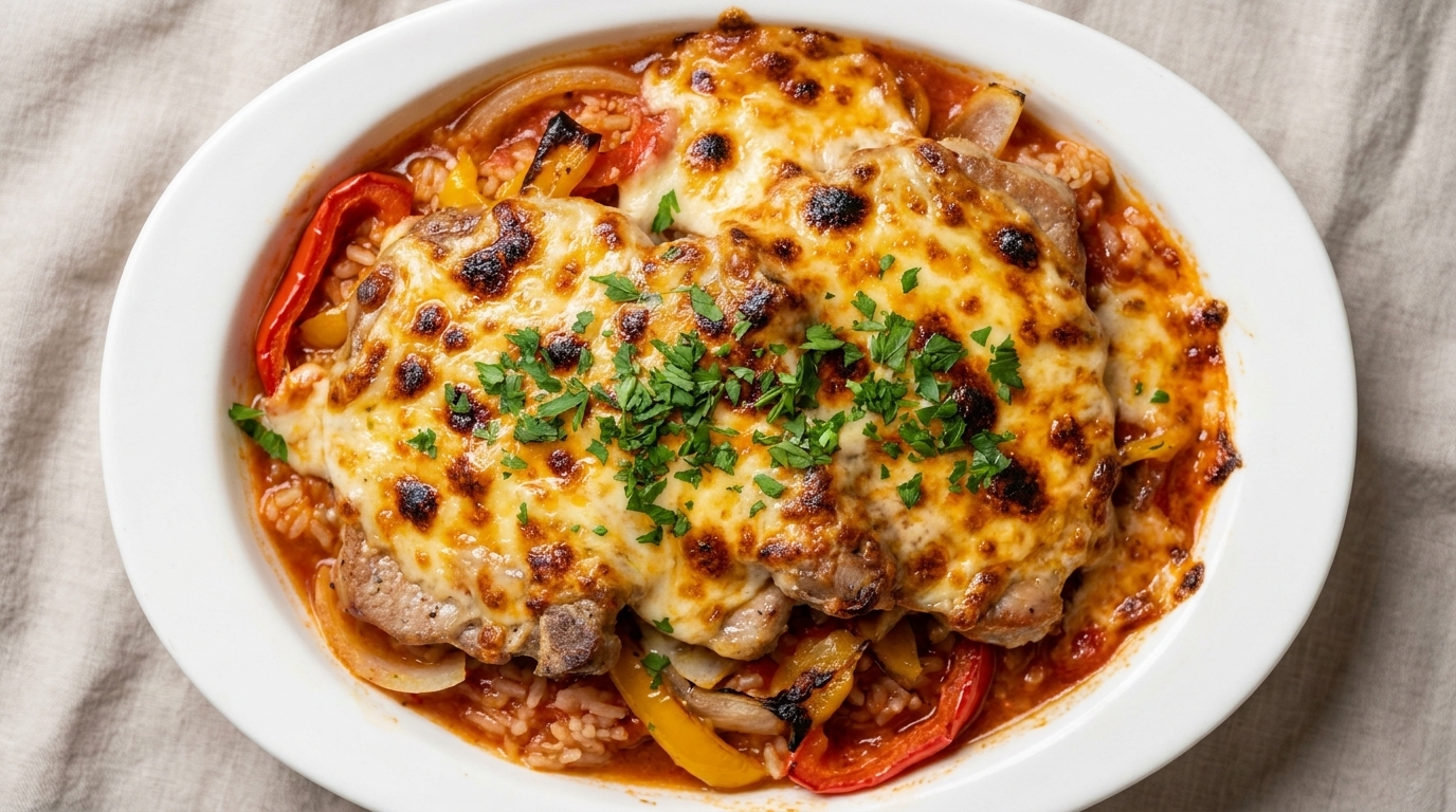 Überbackener Schweinekotelett-Reis mit Käse