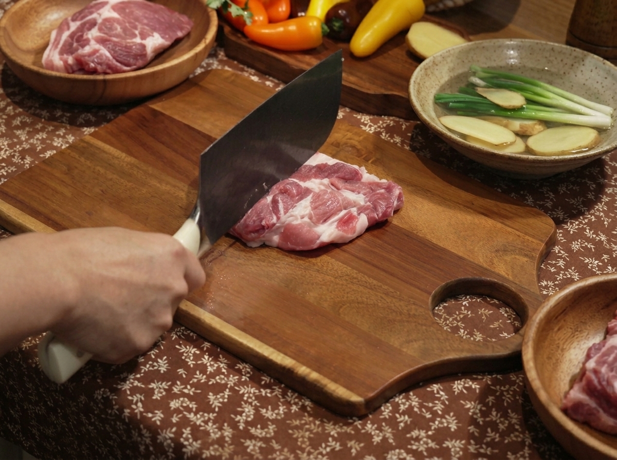 Schweinekotelett auf einem Holzbrett, gewürzt mit Sojasoße, Austernsoße, Zucker, Salz und Pfeffer.