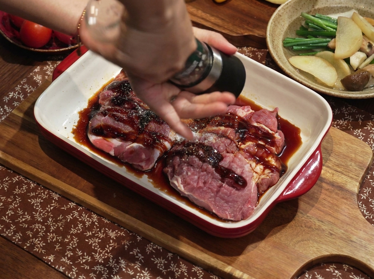 Frühlingszwiebel- und Ingwerwasser wird über das marinierte Schweinefleisch gegossen.