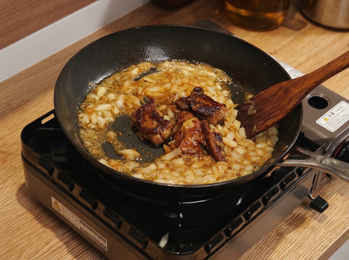 Eine dicke Currysoße in einer Pfanne wird mit Schokolade und Milch verrührt.