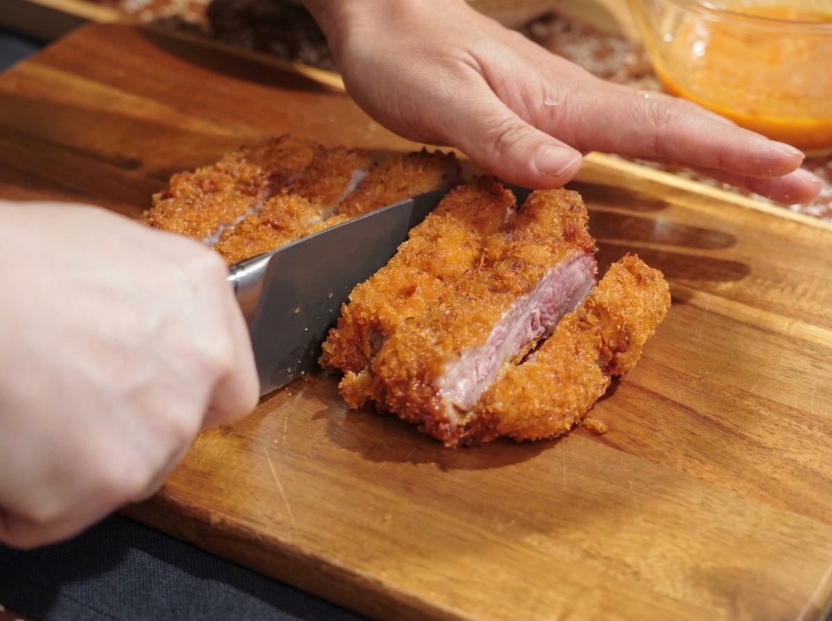 Ein knuspriges Schweineschnitzel wird auf einem Holzbrett in Streifen geschnitten.