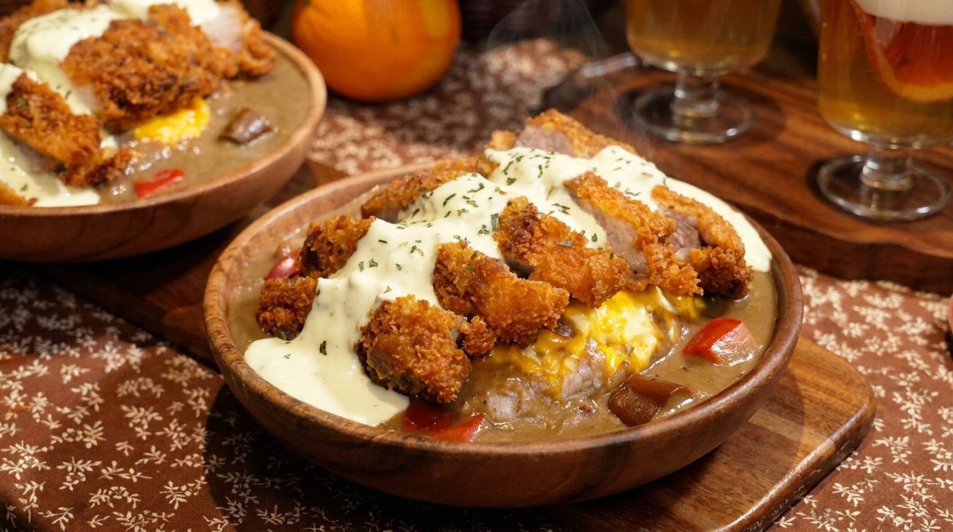 Japanisches Curry mit knusprigem Tonkatsu und weichem Rührei