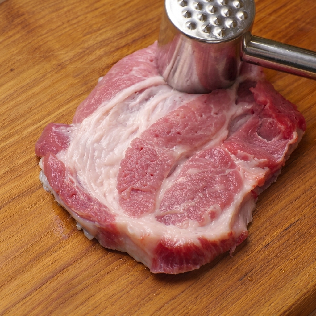 Ein silberner, strukturierter Fleischklopfer plättet ein rohes Stück Schweineschulter auf einem Holzschneidebrett.