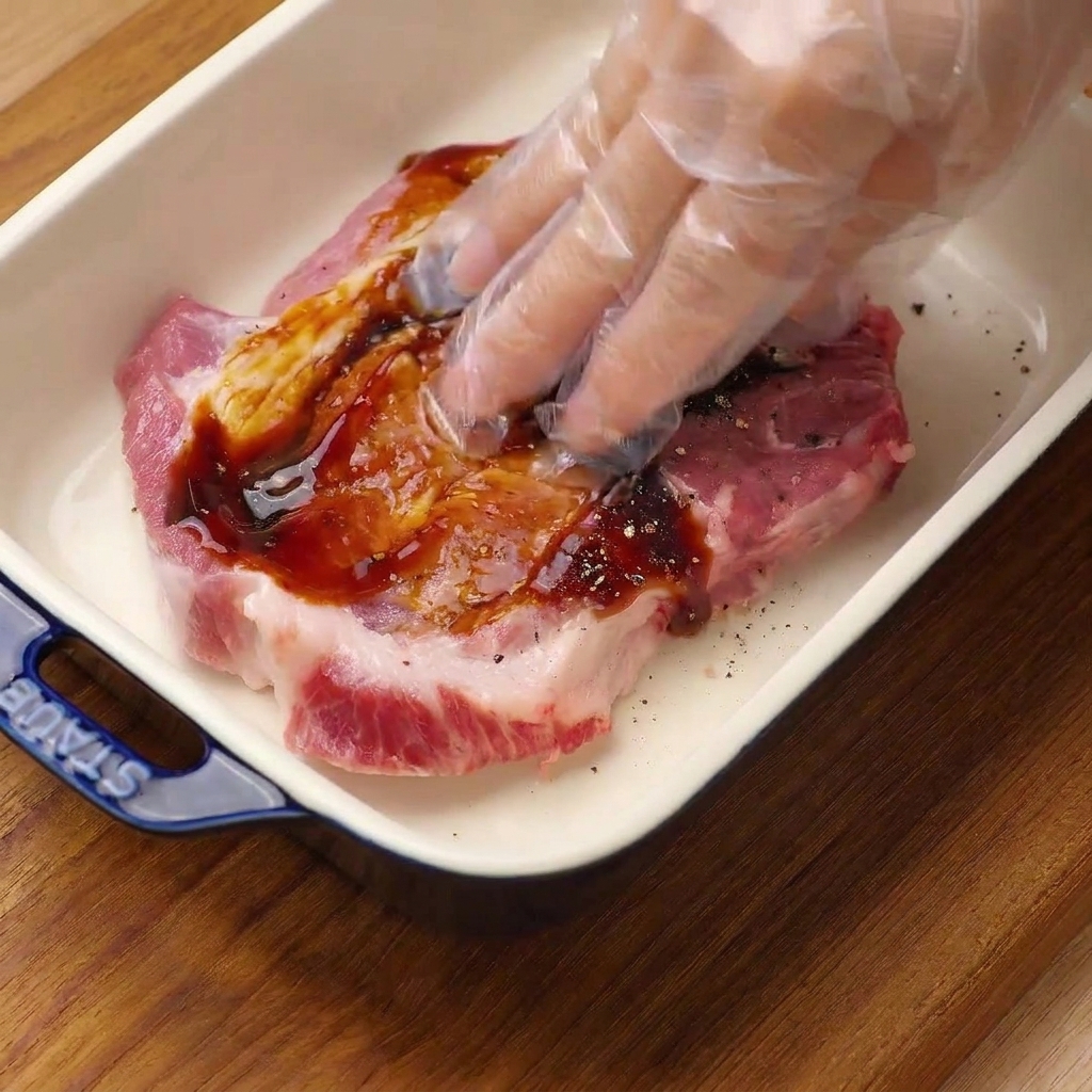 Eine Hand mit Handschuh reibt dunkle Austernsauce, Salz und schwarzen Pfeffer in ein rohes Schweinekotelett in einer weißen Keramikschale.