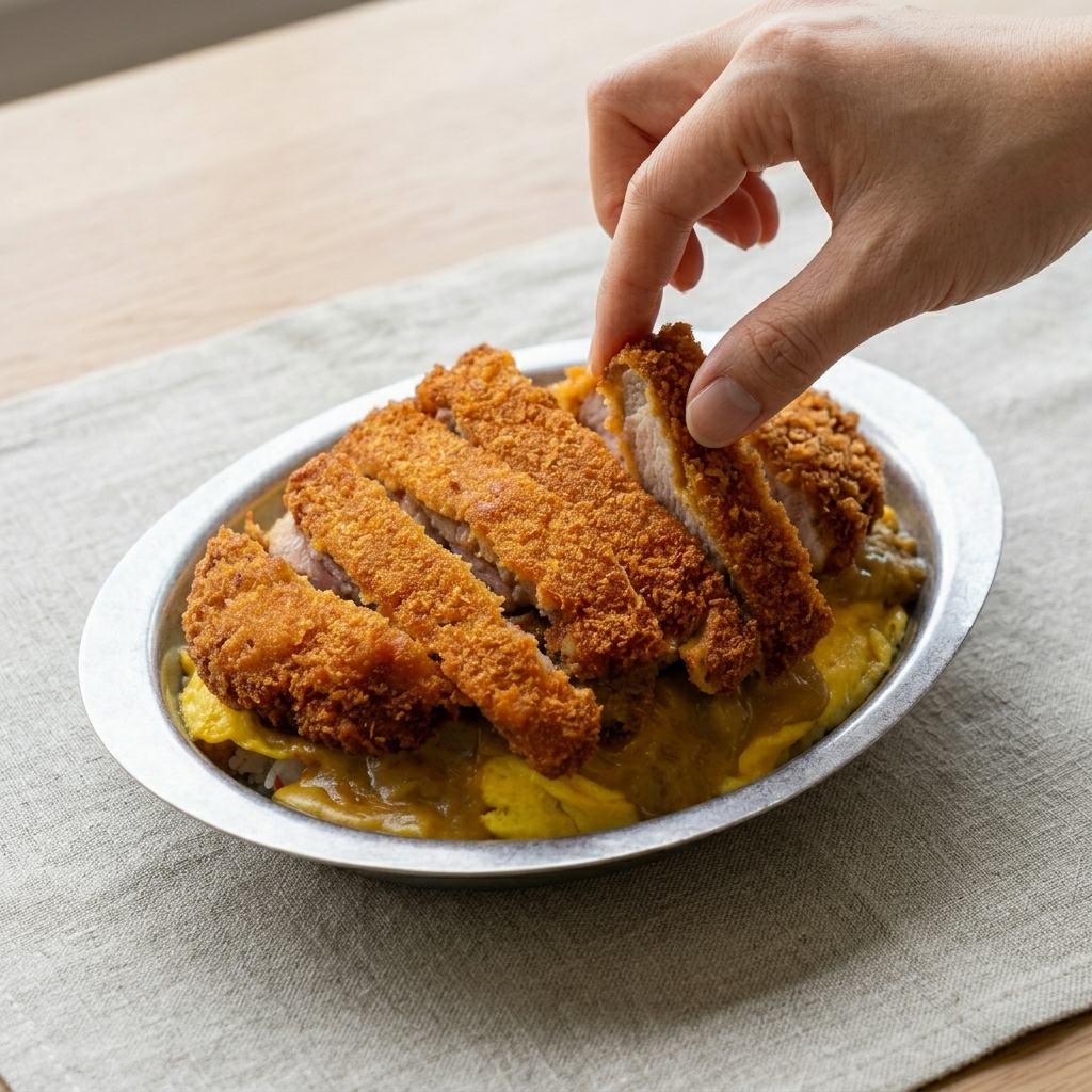 Ein geschnittenes, goldbraunes, knuspriges Schweinekotelett wird auf eine Reisschale mit Curry und Ei gelegt.