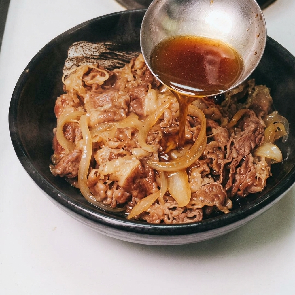 Eine Metallkelle gießt dunkle, reichhaltige Sauce über eine Schüssel mit Fleisch und Zwiebeln.