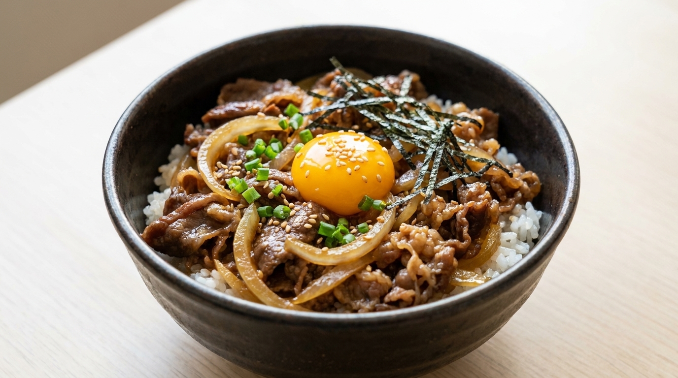 Klassische japanische Gyudon (Rindfleisch-Reisschüssel)