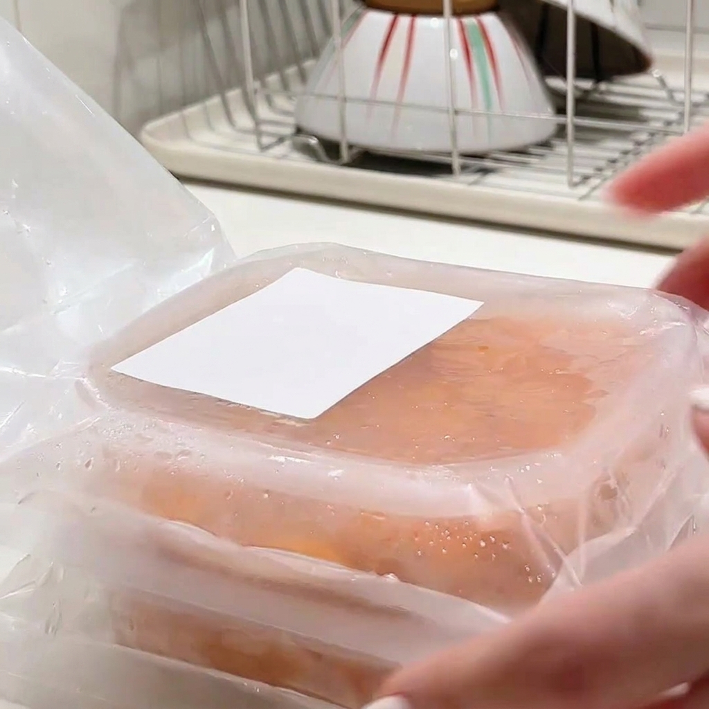 Hände öffnen die Plastikverpackung eines Behälters, der mit frischem orangefarbenem Seeigel gefüllt ist.