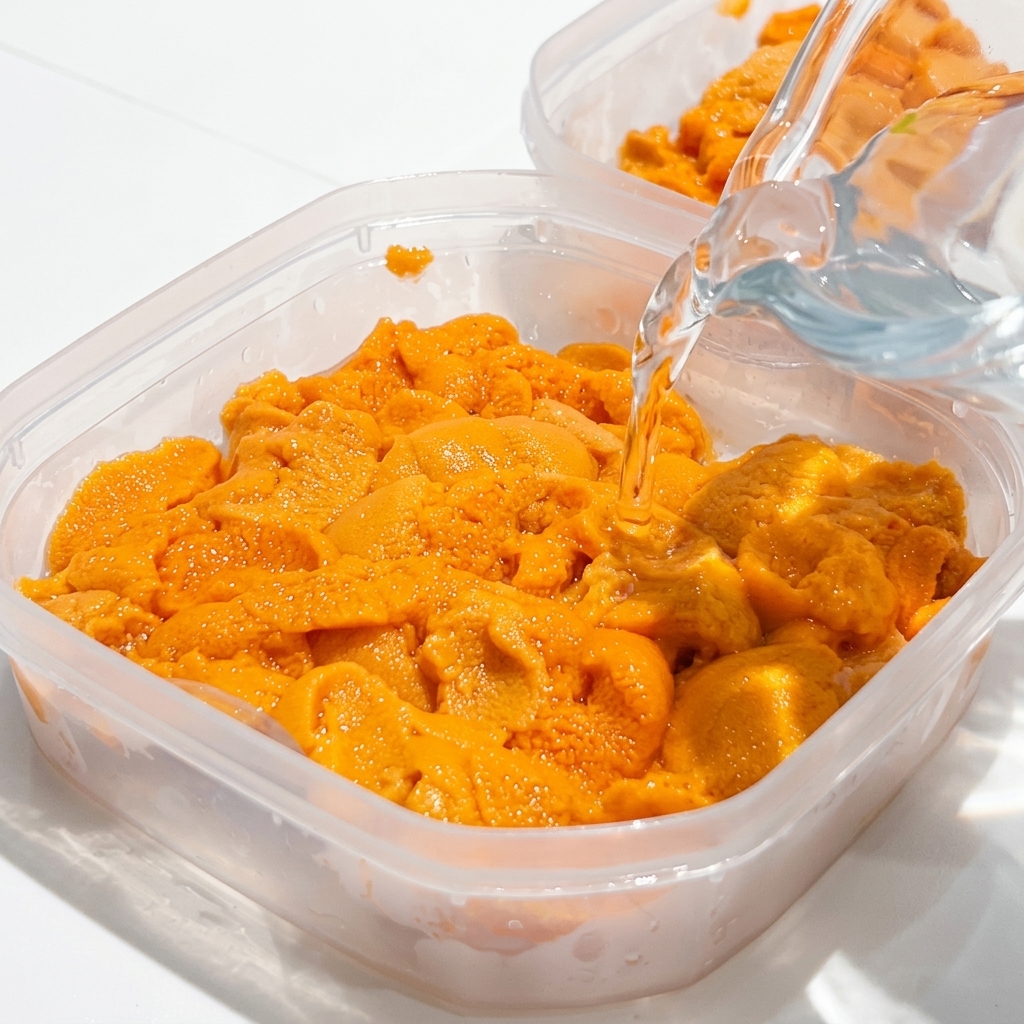 Klares Wasser wird aus einem Glaskrug in einen Plastikbehälter voller leuchtend orangefarbenem Seeigel gegossen.