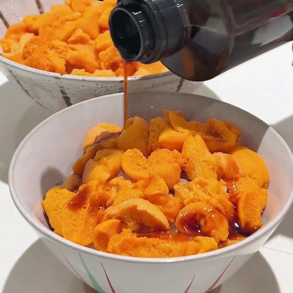 Sojasauce wird aus einer Flasche auf eine Schüssel geträufelt, die mit frischem, leuchtend orangefarbenem Seeigel gefüllt ist.
