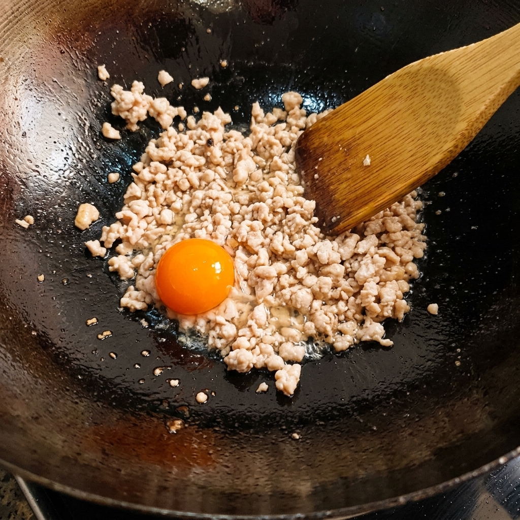Gesalzenes Eigelb wird zerkleinert und mit dem Hackfleisch in einem Wok angebraten.