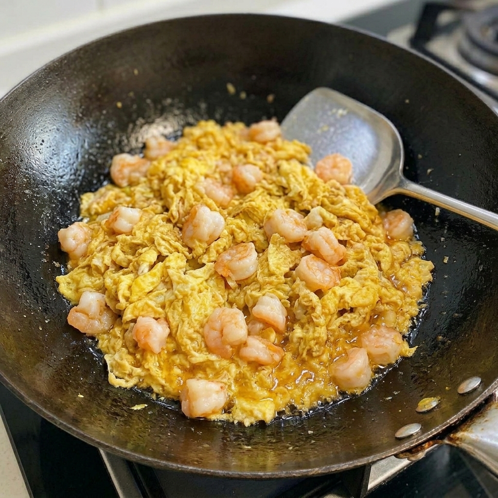 Frische Garnelenstücke werden zur angebratenen Fleisch- und Eigelbmischung in den Wok gegeben.