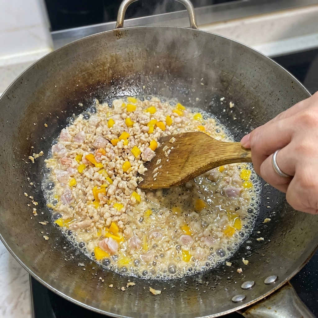 Gehackter Ingwer, Knoblauch und der weiße Teil der Frühlingszwiebeln werden mit der Fleisch- und Garnelenmischung angebraten.