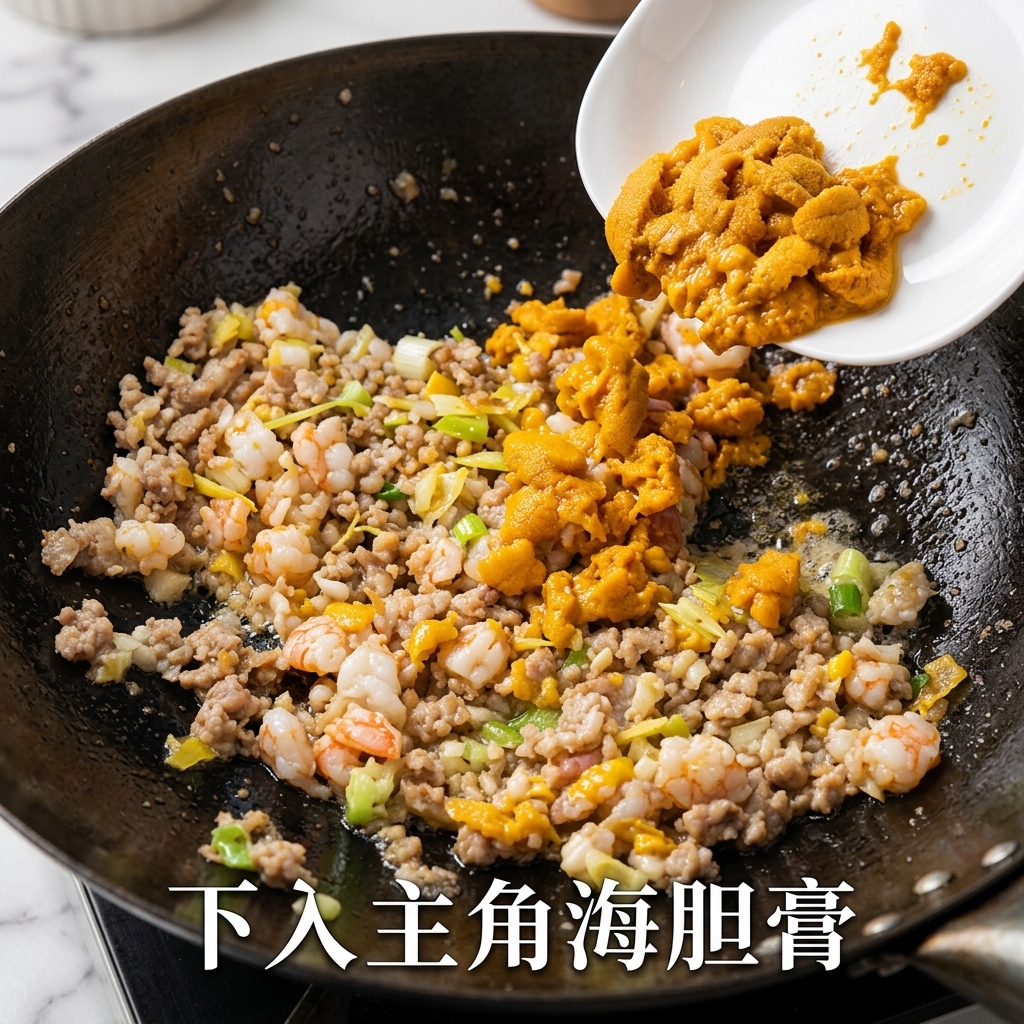 Reichhaltige Seeigelpaste wird zur angebratenen Mischung im Wok gegeben.