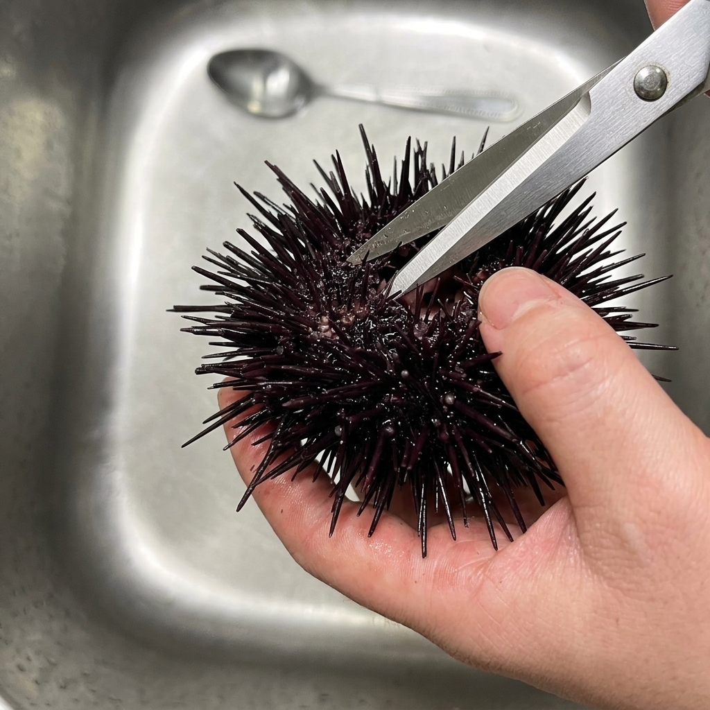 Eine Person benutzt eine Küchenschere, um durch die stachelige äußere Schale eines frischen schwarzen Seeigels zu schneiden.
