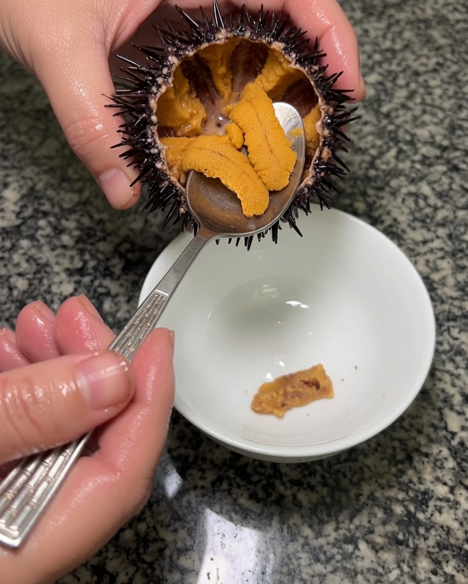 Ein Metalllöffel kratzt vorsichtig saubere, ganze Stücke orangefarbenen Uni aus der Schale und hebt sie in eine Keramikschüssel.