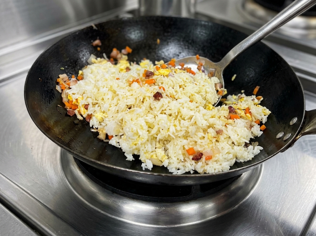 Kräftiges Wenden und Braten einer bunten Mischung aus gelbem Reis, Fleisch und Gemüse in einem großen Wok bei starker Hitze.