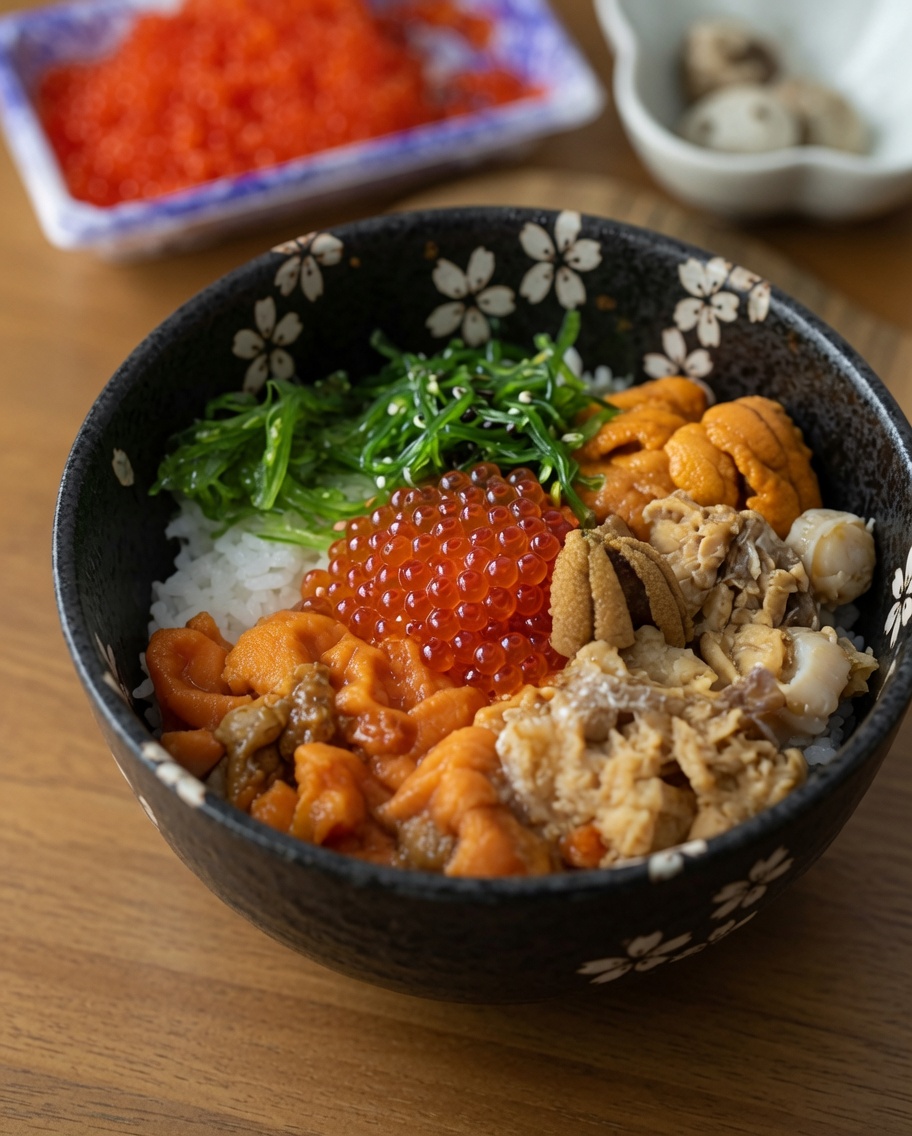 Nahaufnahme von hellgrünem Algensalat, der in eine gemusterte japanische Schüssel mit Reis und Meeresfrüchten gegeben wird.