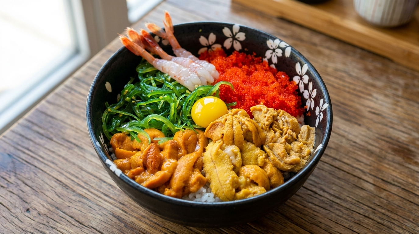 Eine farbenfrohe Schüssel mit frischem Uni, Tobiko, Algensalat und süßen Garnelen auf warmem Reis, gekrönt von einem rohen Wachteleigelb.